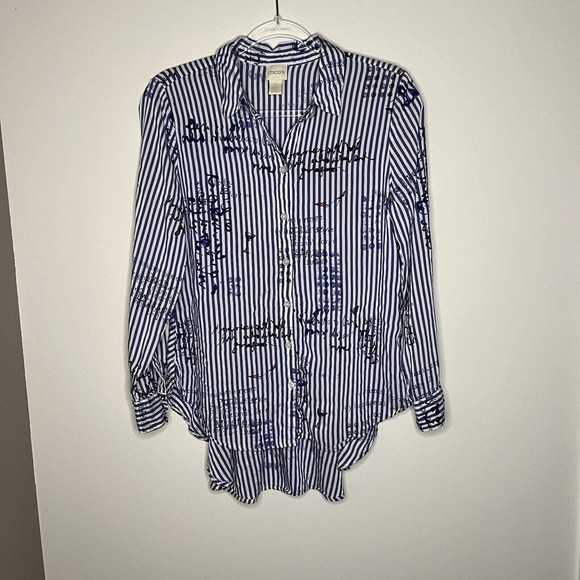 Chicos Womens Top Blue Stripe Graphic Print Hi Low Peplum Size Medium 1 Blouse - Picture 5 of 13